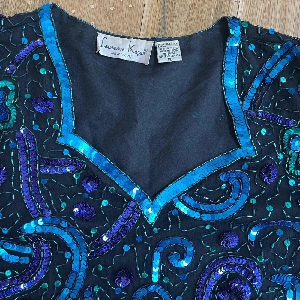 Vintage 80s Laurence Kazar hand-beaded sequin top, size petite Large; 100% silk - Picture 7 of 11